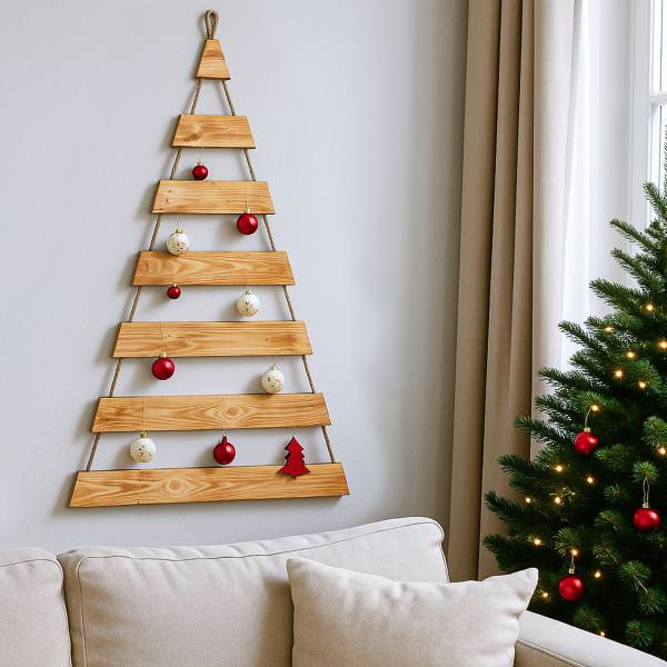 Weihnachtsbaum Adventskalender mit 24 Plätzen in geflammt Deko-Holzleiter in Weihnachtsbaum-Form zum Aufhängen Tannenbaum Leiter – Bild 6