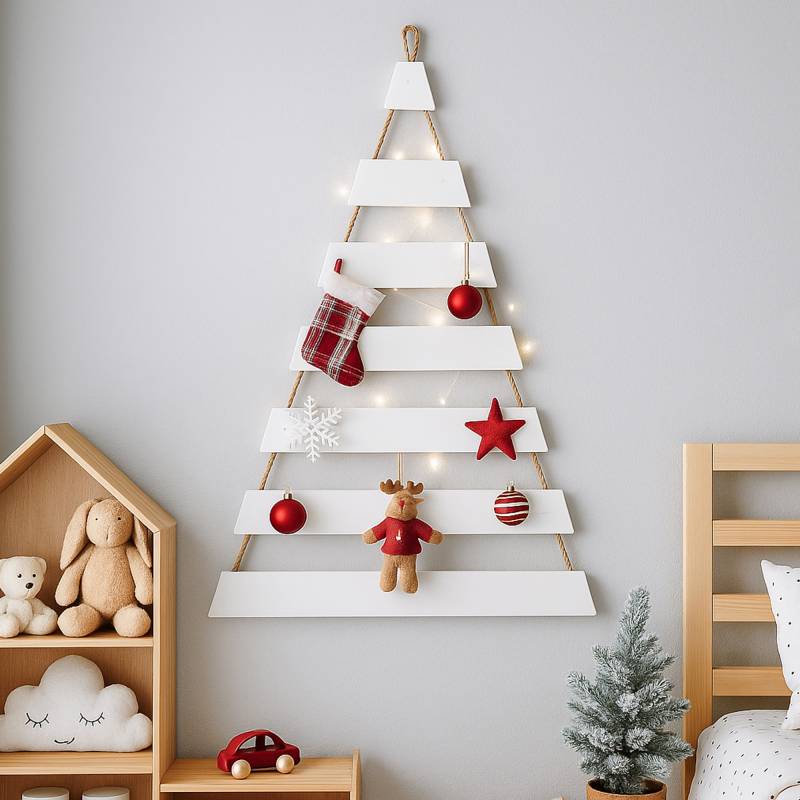 Weihnachtsbaum Adventskalender mit 24 Plätzen in weiß Deko-Holzleiter in Weihnachtsbaum-Form zum Aufhängen Tannenbaum Leiter