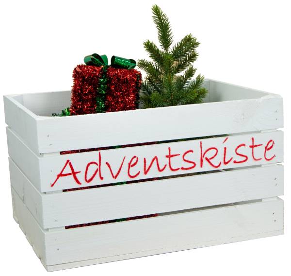 Weiße Kiste mit "Adventskiste" Aufdruck (rot) 50x40x30cm