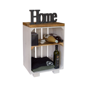 Nachttisch weiss mit geflammten Holzplanken mit Mittelbrett geflammt