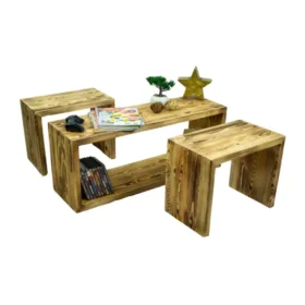 Vintage Tisch mit 2 Sitzhockern in geflammt