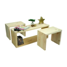 Vintage Tisch mit 2 Sitzhockern in natur